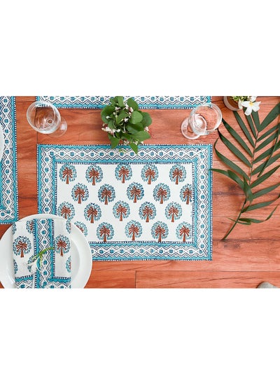 Buy 12 Piece Teal 100 Percent Canvas Cotton Hand Block Printed Table Placemats & Soft Cotton Napkin Set in UAE