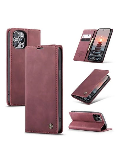 اشتري CaseMe iPhone 14 Pro Max Wallet Case, PU Leather Book Folding Flip Folio Case with Card Holders Kickstand Magnetic Closure Protective Cover (Red) في الامارات