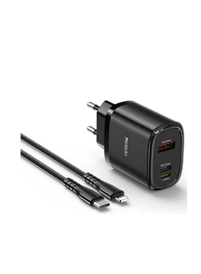 Buy Yesido YC52 Triple-Port Quick Charger with Lightning, Type-C, and USB Ports, Includes Type C & Lightning Cables for Universal Device Charging in Egypt