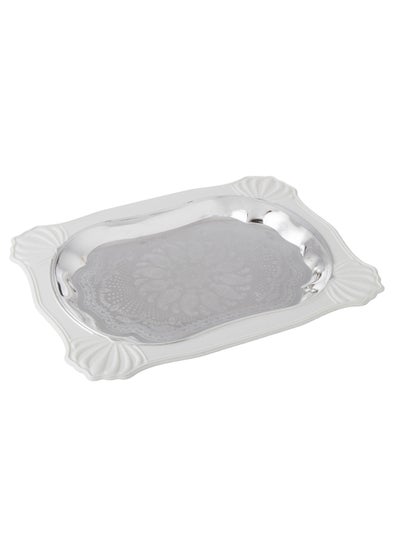 Buy Silver metal tray with white holder, size 36*26 cm in Saudi Arabia