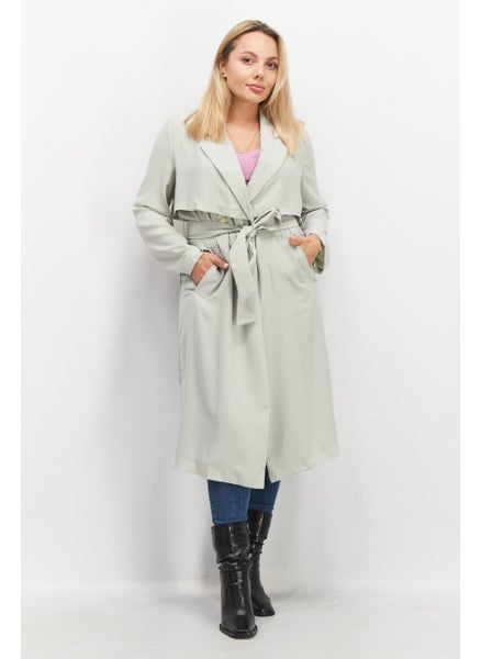 اشتري Women Solid Long Sleeves Belted Trench Coat, Sage في الامارات