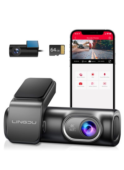 Buy LINGDU LD01 4K Dash Cam Front and Rear with 64GB SD Card, Built-in 5GHz WiFi GPS, Front 4K/2.5K and Rear 1080P Dual Dash Camera for Cars, Loop Recording, 24 Hours Parking Mode, Voice Control, APP in Saudi Arabia