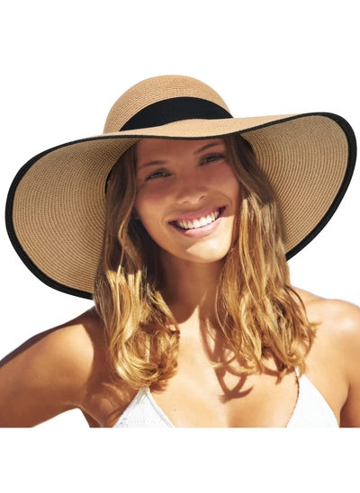 Buy Women's Sun Shade Straw Hat Wide Brim UPF 50+ Summer Hat Foldable Rolled up Fluffy Beach Hat in UAE