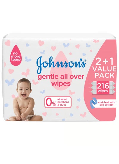 Buy Johnson's Baby Wipes Gentle All Over 216 wipes (pack of 2 + 1 ) in UAE