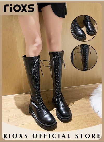 Buy Women's Over The Knee High Boots Ladies Fashion Casual Leather High Elastic High Boots Side Zipper Lace Up Thick Mid-heel Rider Boots Long Tube Knee-Length Boots in UAE