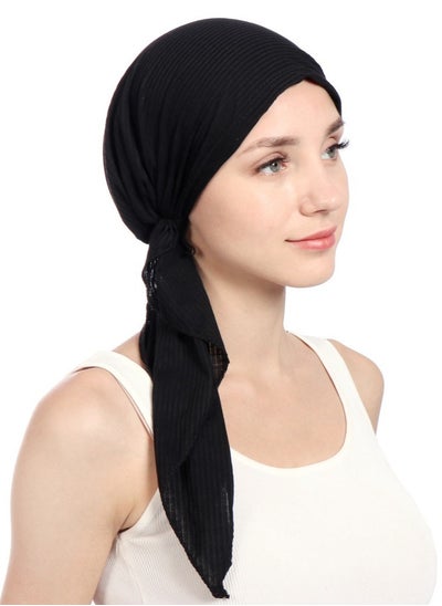 Buy Women's Solid Color Wrinkle Turban Cotton Chemo Hat Casual Windproof Head Scarves Slip-On Pre-Tied Hijab  for Ladies All Seasons Black in UAE