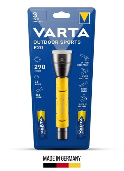 اشتري Varta مصباح يدوي LED قوي وموثوق للرياضة الخارجية F20 مع تركيز دقيق ومفتاح ضغط كبير سهل الاستخدام مع بطاريات 2xAA في الامارات