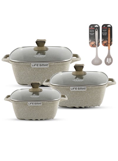 Buy Non Stick Cookware Sets - 8-Piece Square Granite Cookware Set Kitchen Pots and Pans Set Includes 24/28/32cm Stock Pots - Healthy 100% PFOA & PFAS Free in UAE