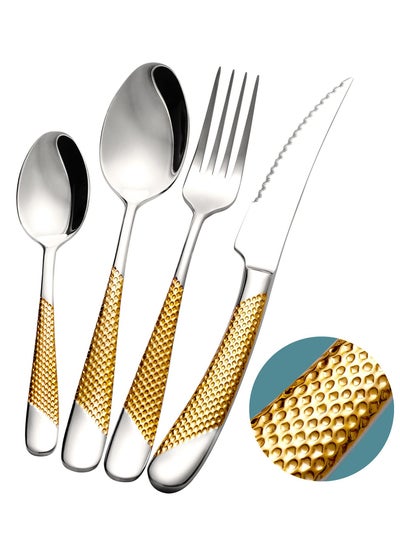 اشتري 4-Piece ​Hammered Silver Gold Cutlery Set with Ultra Sharp 2-in-1 Serrated Knive, Golden 18/10 Stainless Steel Silverware Set, Flatware Set for 1 People, Knives Forks Spoons Set في السعودية