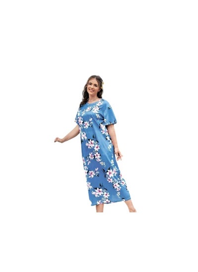 Buy Blue patterned galabiya with a round neck and half sleeves in Egypt