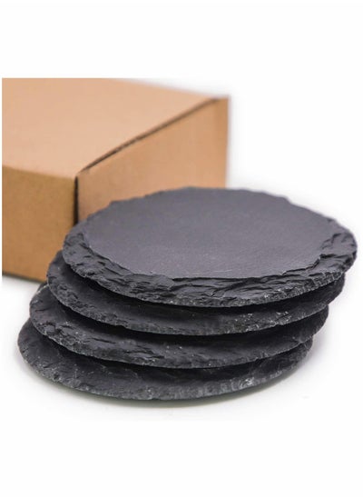 اشتري 4 Pieces Slate Coasters 4 Inch Round Slate Coasters Rustic Black Stone Coasters with Anti-Scratch Backing for Home Decoration, Bar Drinks, Kitchen, Any Style Table في السعودية