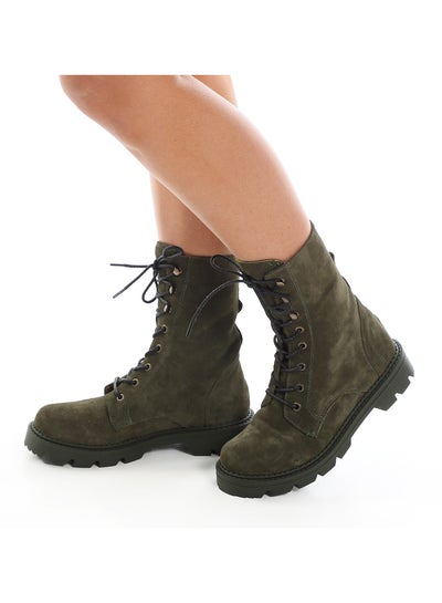 Buy High Lace Up Closure Boots - Dark Olive in Egypt
