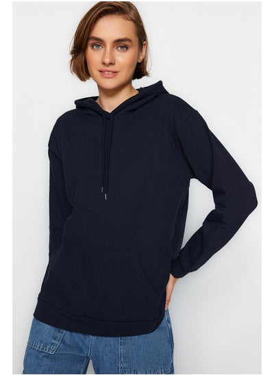 Buy Navy Blue Kangaroo Pocket Hooded Boyfriend Raised Knitted Thick Sweatshirt in Egypt