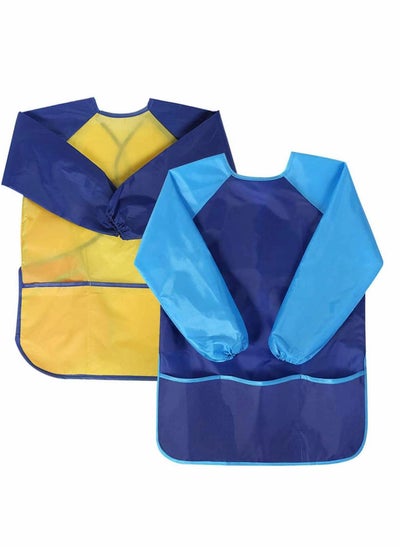 اشتري 2 Pack Kids Art Smock Colorful Children Art Aprons, Waterproof Play Apron Long Sleeves for Age 3-8 Years, Yellow and Blue في السعودية