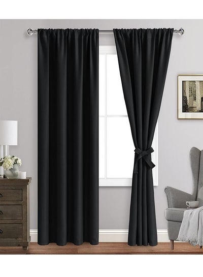 Buy 2-Piece Thermal Insulated Room Darkening Rod Pocket Blackout Curtains for Bedroom Black 132x243cm in Saudi Arabia