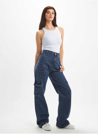 Buy High-Waist Dark Wash Flap Pocket Cargo Jeans. in Saudi Arabia