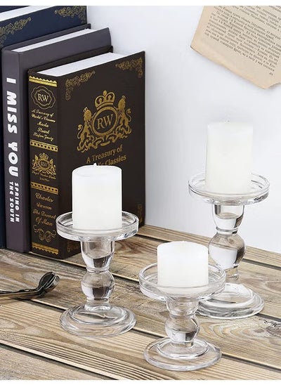 Buy Glass Candle Holder Set of 3, Clear Crystal Candlestick Holders for Pillar Taper Candle and Tealight, for Home Dinner Table Home Decor in Saudi Arabia