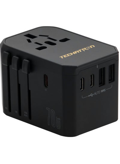 اشتري 70W GAN Charger 6-in-1 Universal Travel Adapter (Type C/G/A/I) for US/AU/UK/EU | 2 USB-A, 3 USB-C, 1 AC Socket | European Travel Plug Adapter | International Power Adapter | Black في الامارات