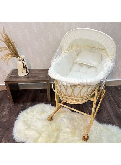 Buy Moses Basket Off-White Color with Wooden Stand on Wheels in Saudi Arabia