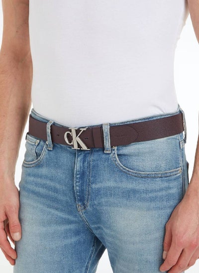 Buy Men's Monogram Plaque Leather Belt with Adjustable Strap,  Brown in Saudi Arabia