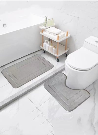 Buy 2-Pieces Bathroom Coral Velvet Floor Mat Suit Absorbent Anti-Slip Toilet Carpet Set Grey in UAE