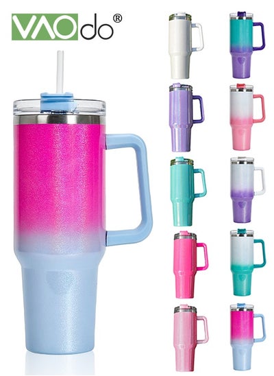 Buy 40 oz Tumbler with Handle and Straw Lid Reusable Stainless Steel Water Bottle Travel Mug Cupholder Friendly Insulated Cup Holiday Gifts for Women Men Him Her Pink Blue 1100ML in Saudi Arabia