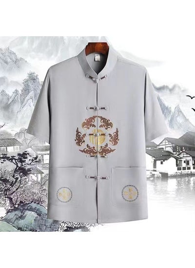 Buy 1 x 5 pcs Summer Embroidered Hanfu Mens Short Sleeve Fu word light gray in Saudi Arabia