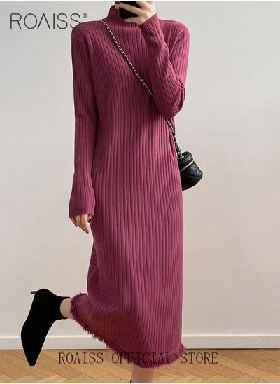 Buy Women Half Turtleneck Knit Sweater Dress Long Length Long Sleeve Sweater Dress with Fringed Hem Design Traditional Maxi Dress Suitable for College and Work in UAE