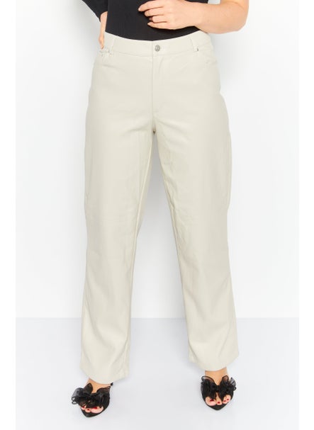 Buy Women Solid Faux Leather Straight Leg Pants, Beige in UAE