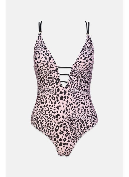 Buy Women One Piece Strappy Swimwear, Pink and Black in Saudi Arabia