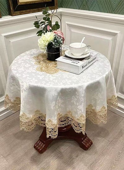 Buy 1-Piece Jacquard Craft Embroidery Lace Fringed Dining Table Tablecloth Round Table Tablecloth Polyester Material Gold/Beige Diameter 140 Centimeter in UAE
