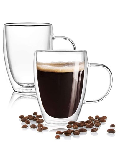 Buy Double Glass Coffee Mugs, 2-Pack 350ml Clear Glass Coffee Mugs with Handles, Cappuccino Cups Insulated Coffee Cups Tea Cups Latte Cups Espresso Beverage Cups, Microwave Safe in Saudi Arabia