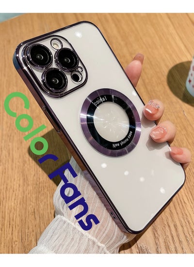 اشتري for iPhone 14 Pro Max Case Magnetic Compatible with Magsafe Glass Lens Camera Protector Logo View Hard Luxury Phone Cases for iPhone 13 Pro Max for Women Men Transparent Cover Purple في السعودية