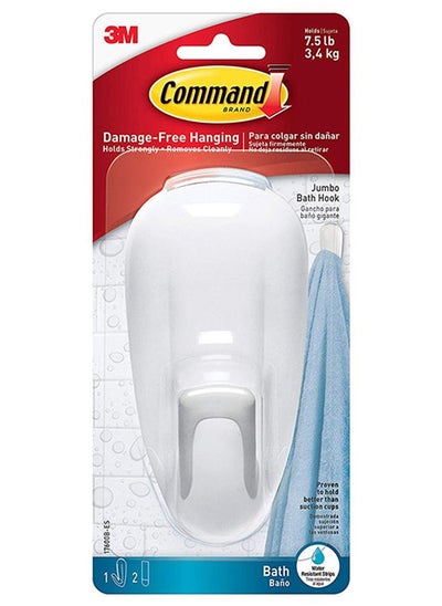 اشتري Command 17600B-ES Bathroom Hook with Water-Resistant Strips, Large, Holds 3.4 Kg. each hook, white color. 1 hook and 2 strips/pack في الامارات