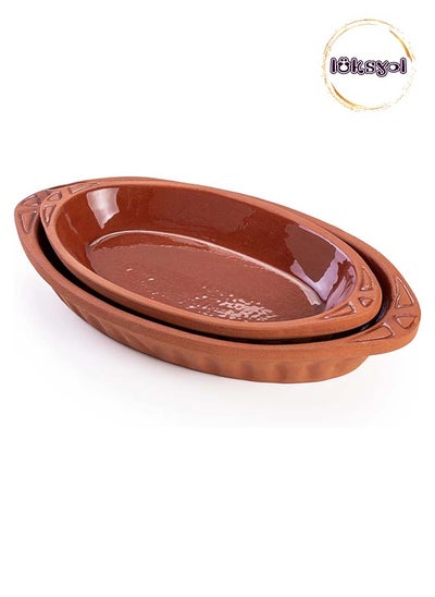 اشتري Handmade Clay Cookware for Mexican, Indian, and Korean Dishes - Glazed Pottery Pan with Handles - 2 Pcs - Cooking, Baking, and Serving in Style with Authentic Clay Cookware في الامارات