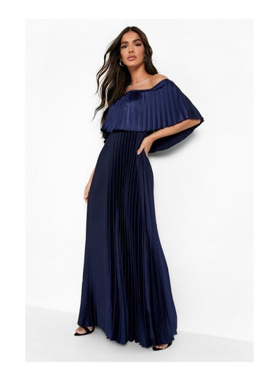 Buy Pleated Satin Bardot Maxi Dress in UAE