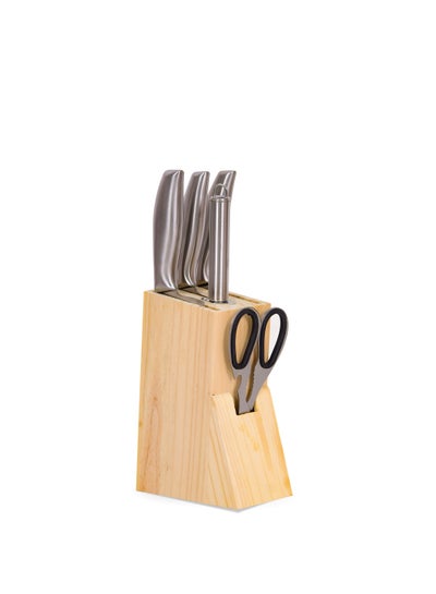 اشتري مجموعة أدوات مطبخ من الفولاذ المقاوم للصدأ مكونة من 6 قطع: عصا شحذ، قطاعة شرائح، سكين متعدد الأغراض، سكين فواكه، مقص مطبخ، وقاعدة تخزين في السعودية