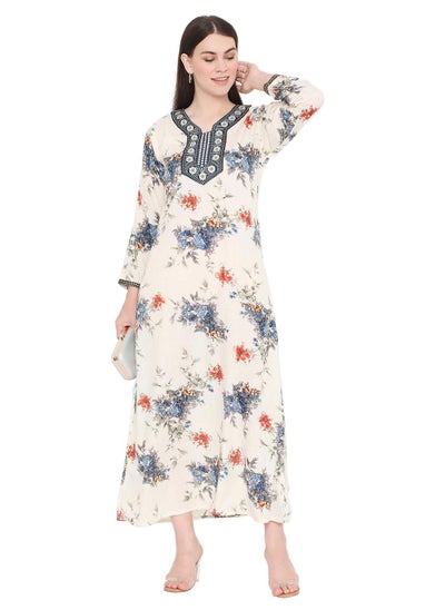 Buy UNIQUE FLORAL PRINTED NECK EMBROIDERY ARABIC KAFTAN JALABIYA DRESS in Saudi Arabia