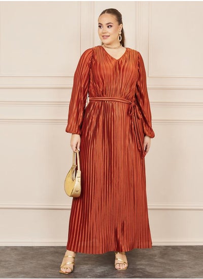 Buy Metallic Plisse A-Line Maxi Dress with Self Tie Up in Saudi Arabia