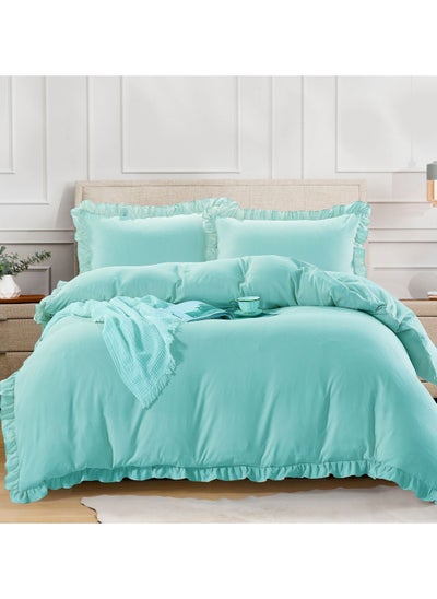 Buy 3-Piece Ruffled Duvet Cover Set Without Filler Microfiber Turquoise King in Saudi Arabia