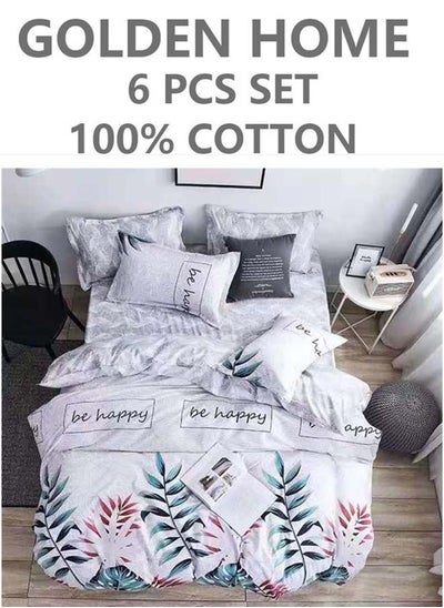 Buy 6-Piece Single Size Cotton Printed Combination Duvet Cover Set Includes 1xFitted Bedsheet 120x200+30cm, 1xDuvet/Bed Cover 160x210 cm, 2xPillowcase 55x80cm, 2xCushion Case 45x70cm Multicolour in UAE