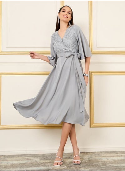 Buy Lace Detail Flared Sleeves Wrap Midi Dress in Saudi Arabia