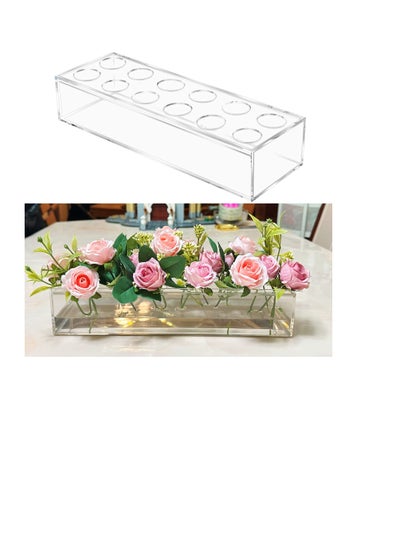 Buy 12 Holes Acrylic Long Rectangular Vase, Long Rectangle Vase for Flowers, Modern Clear Flower Vase Decorative for Home Decor Weddings (Clear) in UAE