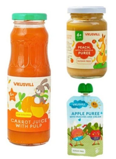 Buy Vkusvill 3 Piece Kids Set Carrot Juice, Peach Apple Banana Puree, & Apple Peach Cream Puree, Nutritious And Delicious Options For Little Ones in UAE