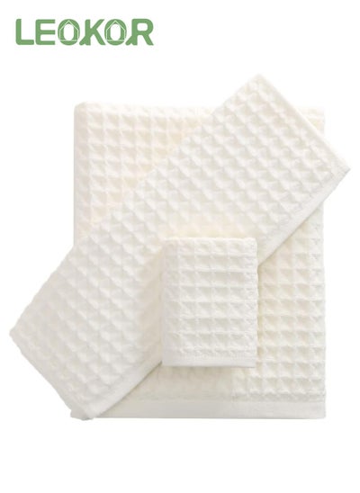 Buy 3 Sizes Towel Set Quick Dry Ultra Soft Light Weight and Absorbent Waffle Towel White in Saudi Arabia