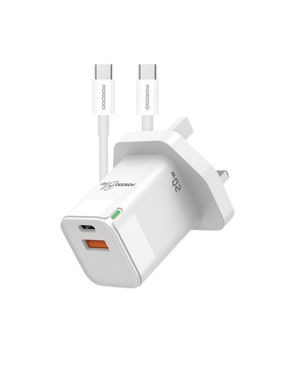 Buy 20W Wall Charger with Type-C to Type-C Cable and Type-C and Type-A Ports / UK Plug / Ultra-Quick Charger - White in UAE