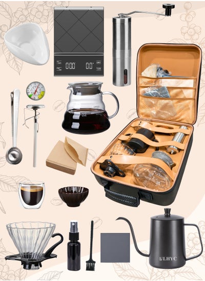 Buy V60 Set 14-Piece Coffee Drip Set, Including Scale, Drip Pot, Coffee Filter, Coffee Grinder, Drip Funnel, Thermometer, With Tool Box in Saudi Arabia