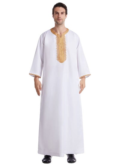 اشتري Men's Casual Full Length Embroidery Abaya Robe Islamic Arabic Kaftan White/Gold في السعودية