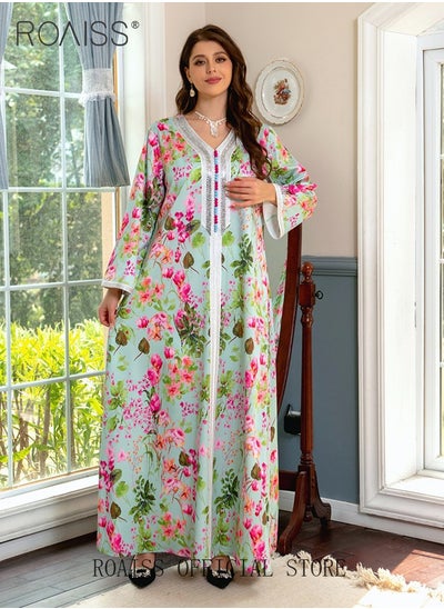 Buy Women's V-Neck Long-Sleeved Dress Floral Pattern Embroidery Front Arabian Robe in Saudi Arabia