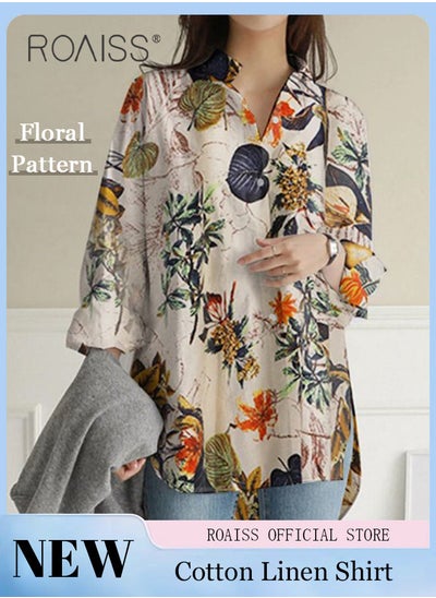 Buy Ladies Stylish Lapel Shirt for Daily Commute Single Breasted Long Sleeve Top with Simple Design and Loose Fit Featuring a Beautiful Floral Pattern in UAE